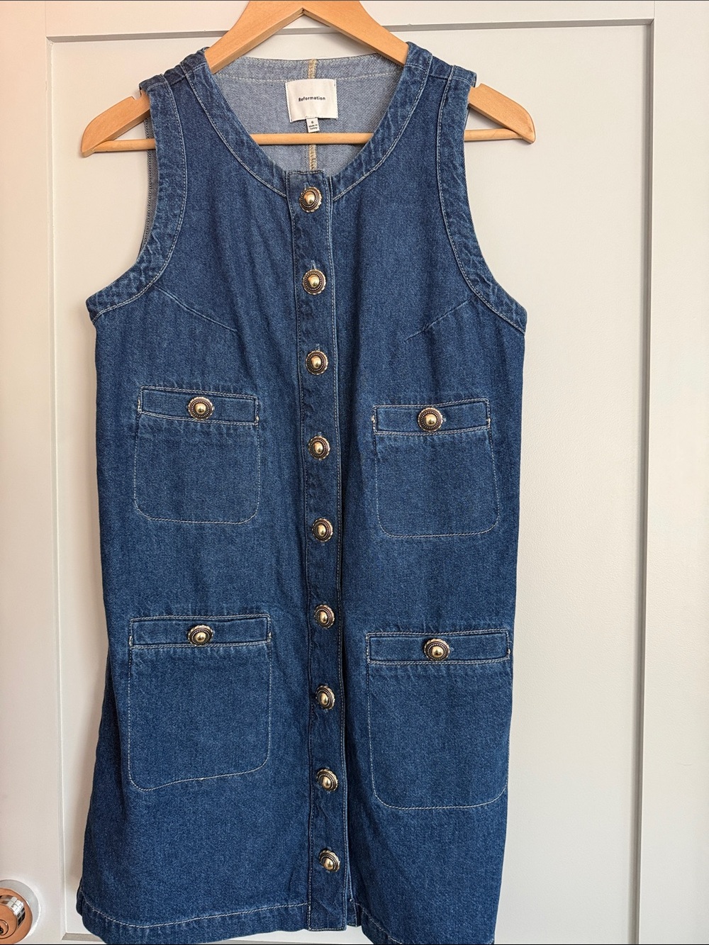 Reformation Blue Denim Button-Front Tropez Dress